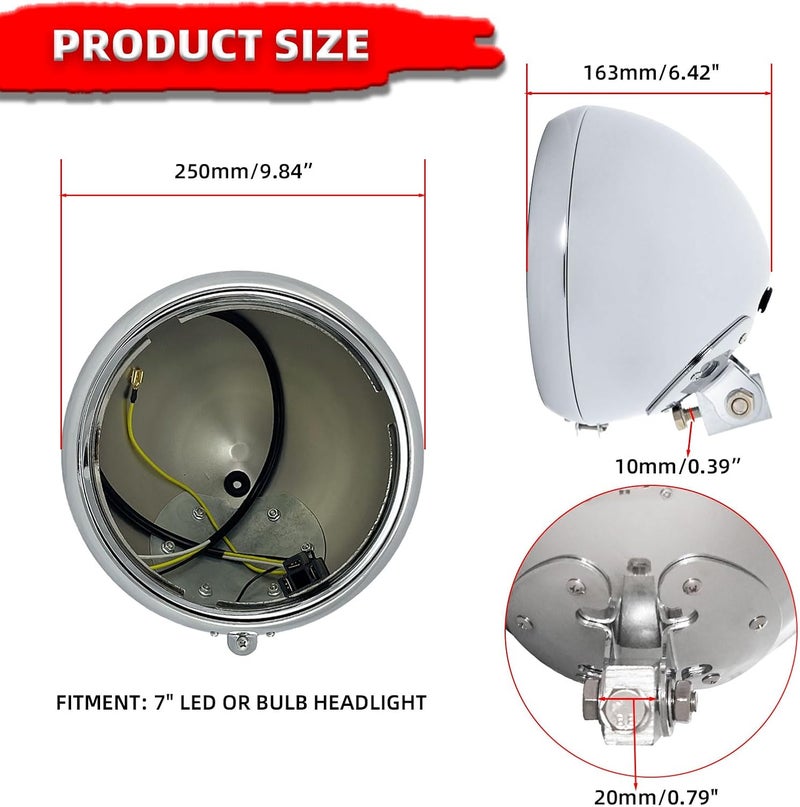 FATECIM Motorcycle 7" Round Headlight Bucket Housing 7 Inch LED Headlamp Shell Protective Cover Heavy Duty Universal for Harley Kawasaki Honda Yamaha Suzuki Chopper Cafe Racer Bobber Aprilia Chrome - Image 4